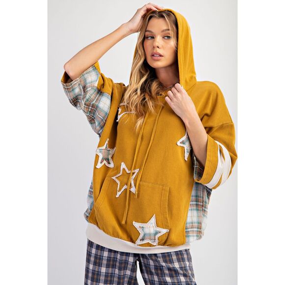 1007 EASEL Large Mustard Star Patch Mineral Washed Hoodie Pullover Sweatshirt - Picture 1 of 5
